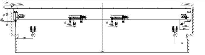 8 ton + 8 ton single girder overhead crane with top running crane design and double hoists for synchronized operation