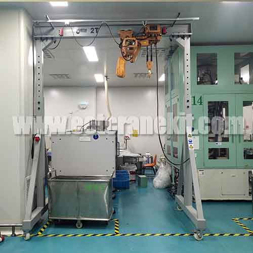 Alumnium gantry crane with adjustable gantry design and low headroom design