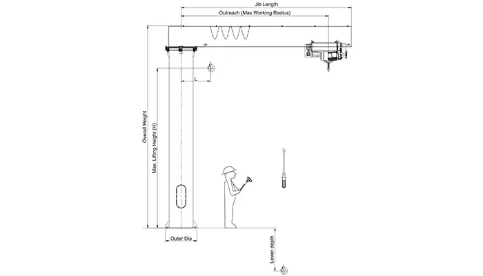 Pillar mounted jib crane specification drawing 