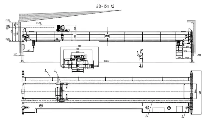 General drawing of the double girder overhead bridge crane 25 ton