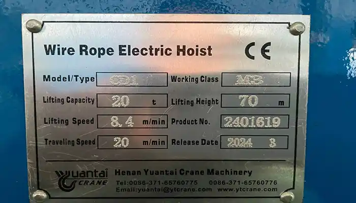 Nameplate of the wire rope electric hoist 20 ton