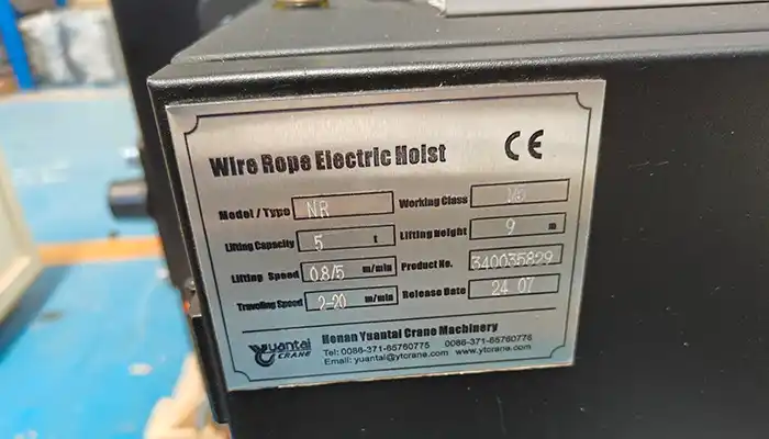 Nameplate of the 5 ton electric crane kit 