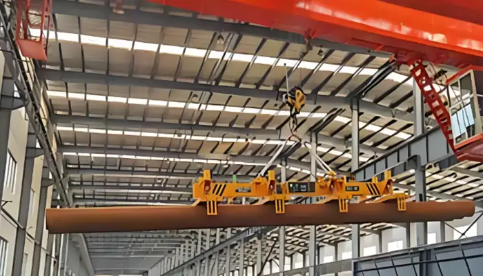 general use overhead crane with magnetic spreader for steel pipes handling.  general use overhead crane with magnetic spreader for steel pipes handling.