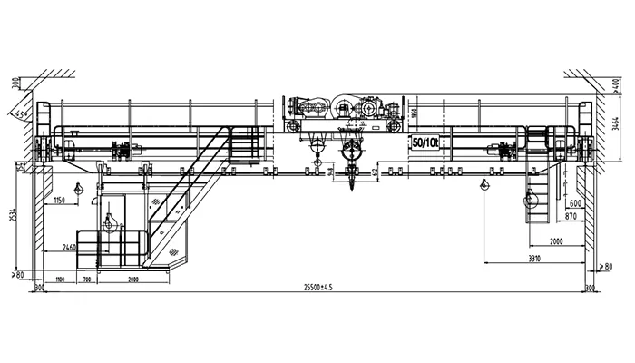 QDY 50/10t-25.5m-12m A7 Foundry Crane Drawing 50t Main Hook 10t Auxiliary Hook 25.5m Span 12m Lift Cabin Remote Control Full VFD 300m Travel 2 Units Same Bay 3P 380V 50Hz