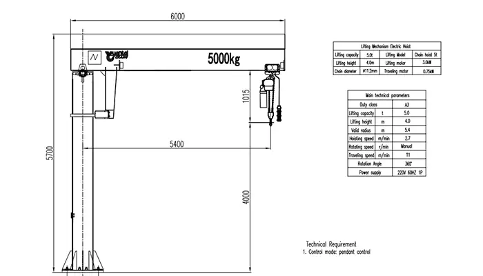 BZ Pillar Jib Crane Drawing 5 Ton (5.4m Radius, 4m Lifting Height, A3 Duty, Manual Rotation)