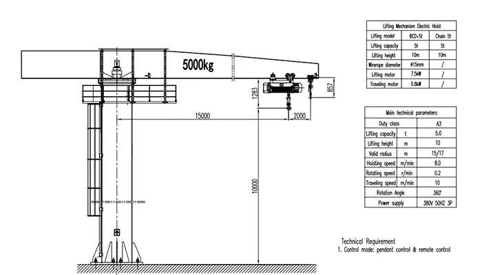 BZ Explosion-Proof Pillar Jib Crane Drawing 5t/5t (ExdIICT4, 15m/17m Radius, Maintenance Platform)
