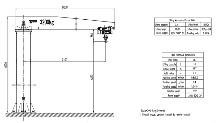 BZ Heavy-Duty Pillar Jib Crane Drawing 3.2 Ton (7.1m Radius, 4.87m Lifting Height)
