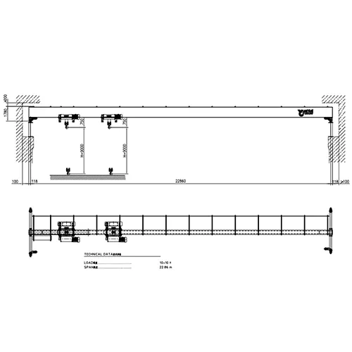 10t+10t Twin Hoist Single Girder Overhead Crane Drawing - HD10t+10t-22.86m A5 