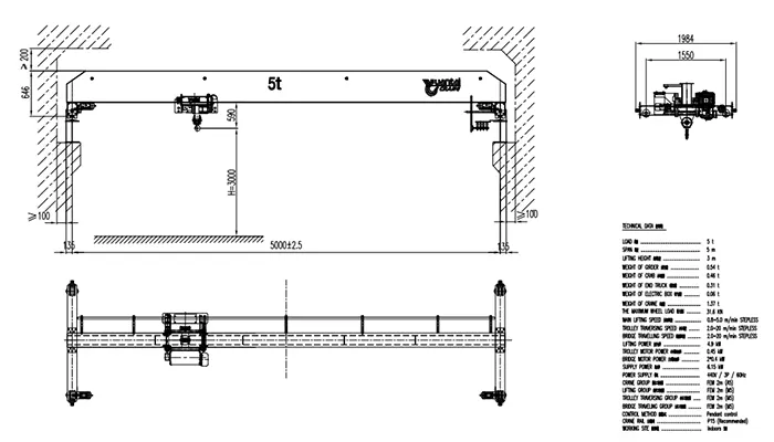 YT-HD 5t Single Girder Overhead Crane Drawing 5m Span (FEM 2m, Full VFD)