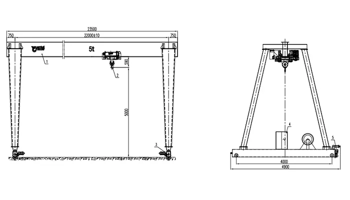 Wide Span Gantry Crane 5 Ton S22m H6m Drawing 22m Span 6m Lift (ISO A5, P22 Rail, 380V 50Hz 3P)