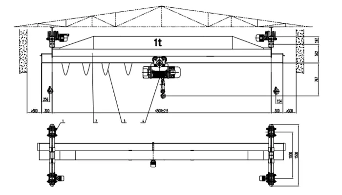 Cantilever Underhung Crane 1 Ton S4.5m H18m A3 with VFD Long Travel Cantilever Underslung Crane Underhung Bridge Crane CDH Hoist for High Lift Narrow Bay 7.5 kN Wheel Load 380V 50Hz