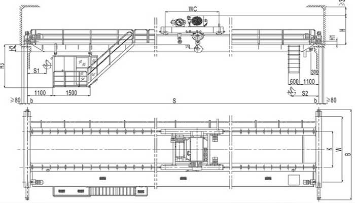 LH double girder overhead head electric hoist trolley cranes drawing