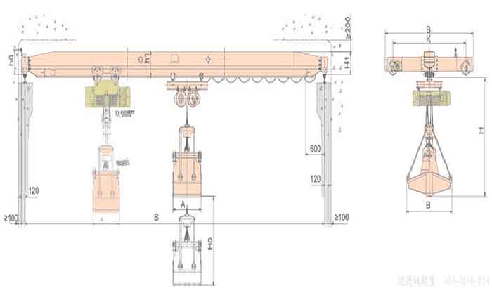 Drawing of single grab overhead crane with grab 