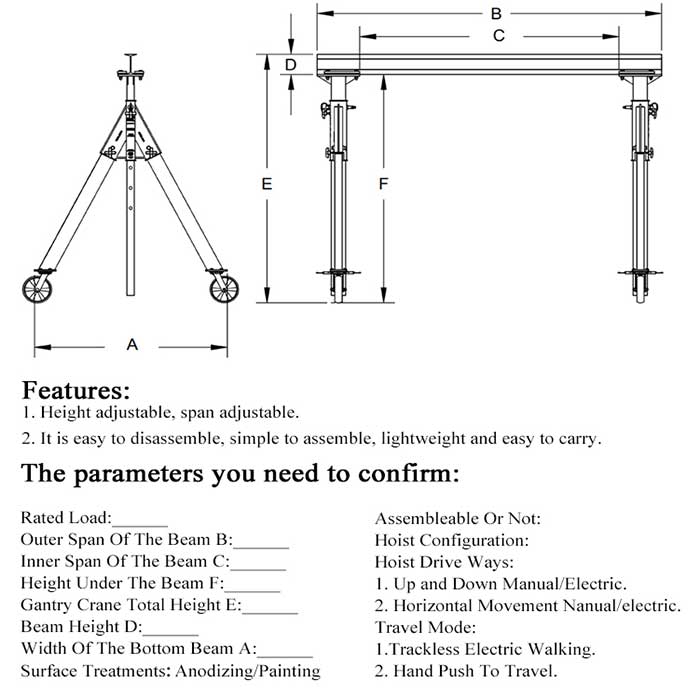 Parameter needed for portable aluminum gantry crane
