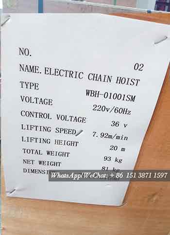 Geneal specifications of the electric chain jib hoist 