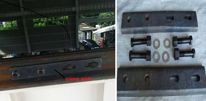 Bolt the clamp plates to connect the crane rail sections. Bolt the clamp plates to connect the crane rail sections.