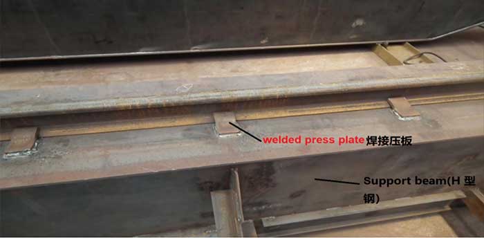 Weld presss plats ton the supporting beams - overhead crane rail installation Weld presss plats ton the supporting beams - overhead crane rail installation