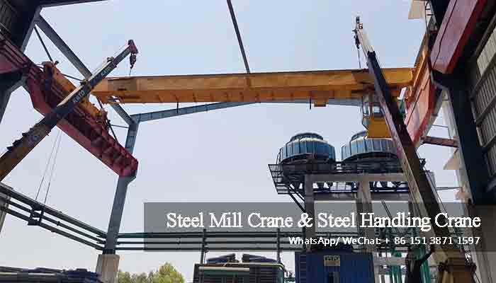 Dual funtional overhead crane 20 ton for scrap grabbing and magnetizing in steel rolling mill Pakistan 