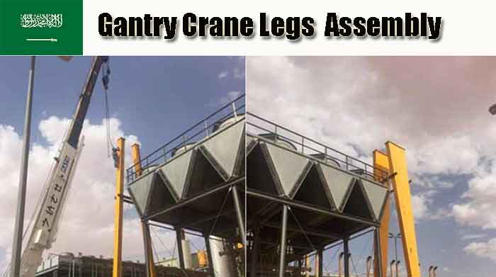 Setting up the supporting legs of gantry crane by truck crane