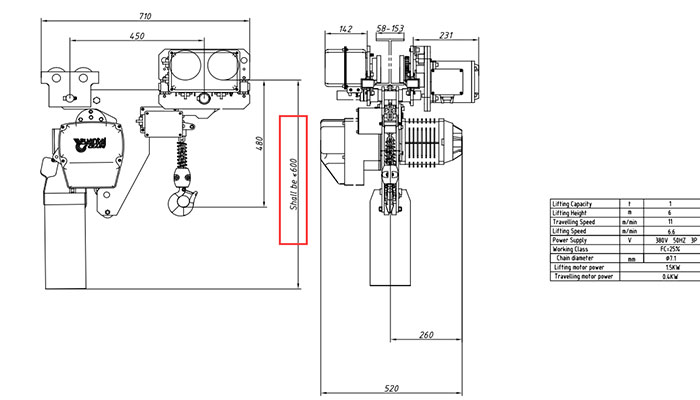 1 ton low headroom electric chain hoist drawing 