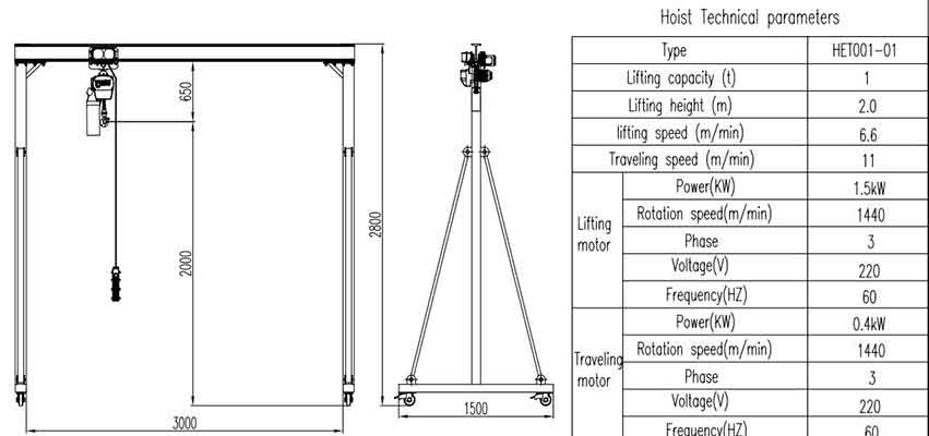 Click to download drawing of portable gantry crane 1 ton - 3m width - 2m lifting height