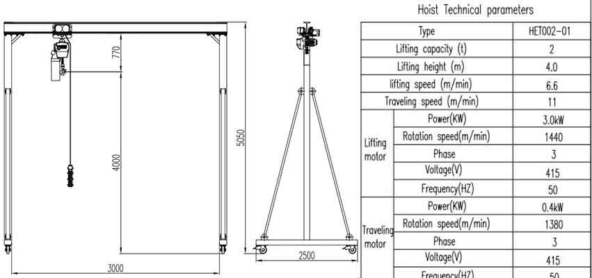 Portable gantry crane 2 ton capacity, 3 m span, 4 m lifting height design drawing click to download