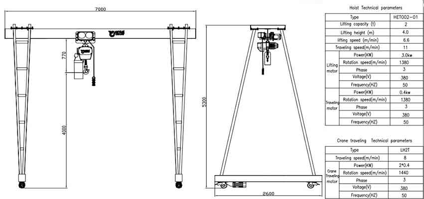 Portable gantry crane 2 ton capacity, 7 m span, 4 m lifting height design drawing click to download