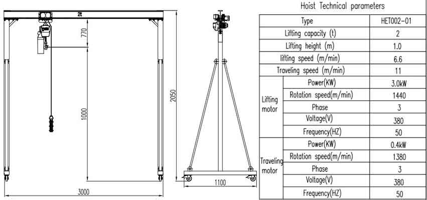  Portable gantry crane 2 ton capacity, 3 m span, 1 m lifting height design drawing click to download