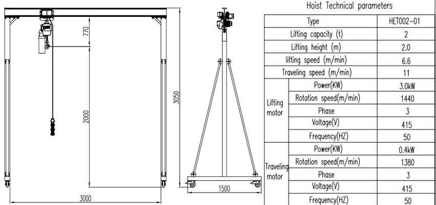 Portable gantry crane 2 ton capacity, 3 m span, 2 m lifting height design drawing click to download