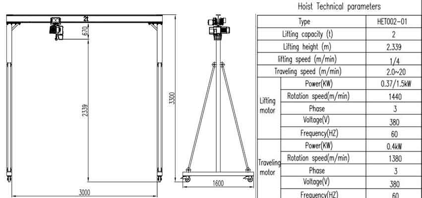 Portable gantry crane 2 ton capacity, 3 m span, 2.339 m lifting height design drawing click to download