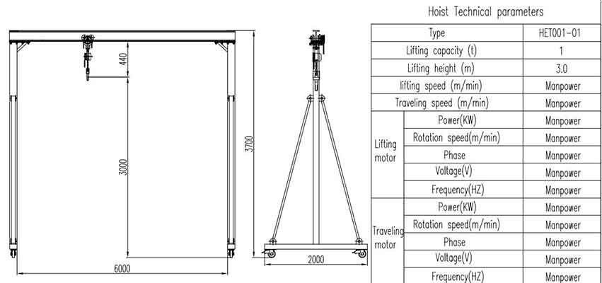 Click to download drawing of portable gantry crane 1 ton - 6 m width - 3m lifting height