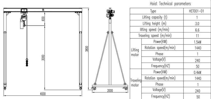 Click to download drawing of portable gantry crane 1 ton - 4 m width - 3 m lifting height