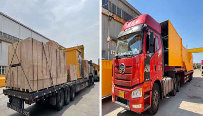 Main parts of 41 ton gantry crane loaded into wooden cases for delivery by truck 