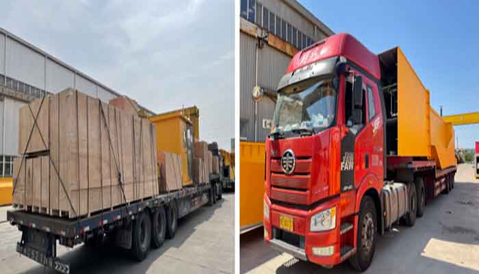 Main parts of 41 ton gantry crane loaded into wooden cases for delivery by truck  Main parts of 41 ton gantry crane loaded into wooden cases for delivery by truck