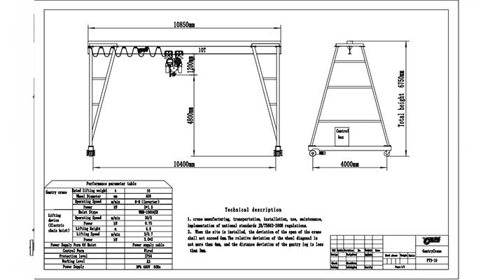 Technical drawing of 10 ton A frame crane for mold handling