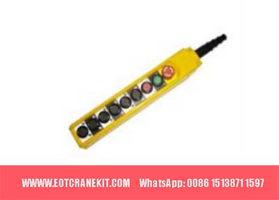 The control has 6 movement button besides emergency stop and start； Up, Down, right travelling, left travelling, right rotating, left rotating.
