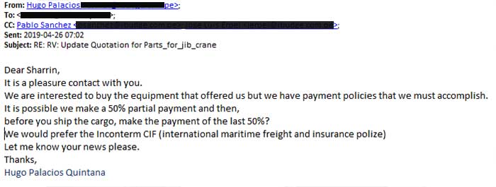 email for jib crane hoist 5 ton order confirmation