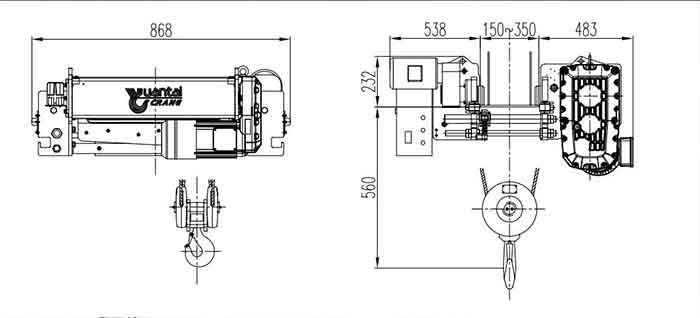  2 ton wire rope electric hoist drawing with custom hoist specifications