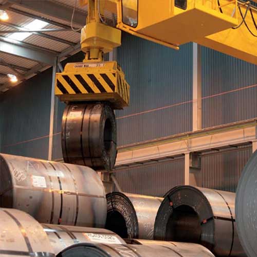 Horizontal coil handling magnetic overhead cranes 