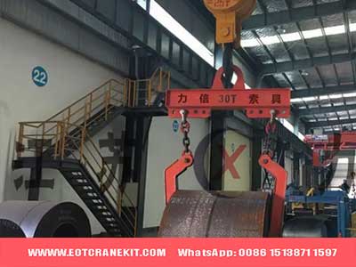 30 ton overhead bridge crane with double leg lifter for steel coil handling 