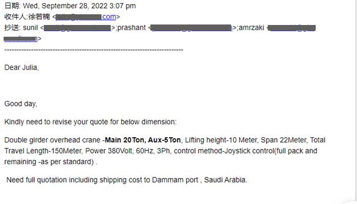 double girder overhead crane inquiry email from Saudi Arabia