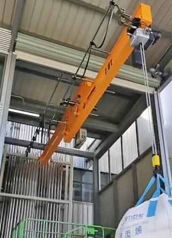 Underhung bridge crane with telescoping cantilever for material handling accross doors, columns and other obstacles efficiently.