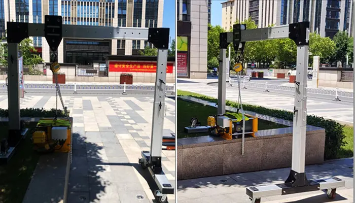 The two legs of the portable aluminum gantry cranes can be adjusted with different height to operated on groundlegs for Use on Different Levels or Surfaces The two legs of the portable aluminum gantry cranes can be adjusted with different height to operated on groundlegs for Use on Different Levels or Surfaces