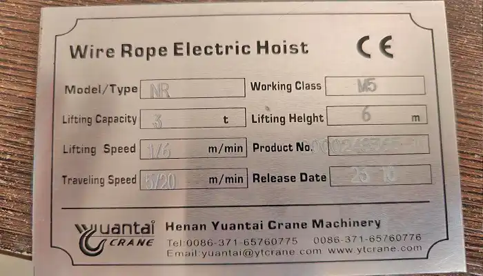 Nameplate of electric wire rope hoist crane kit  Nameplate of electric wire rope hoist crane kit
