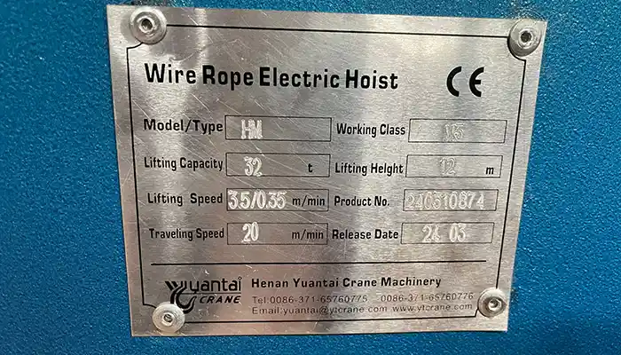 Name plate of electric wire rope electric hoist 32 ton 