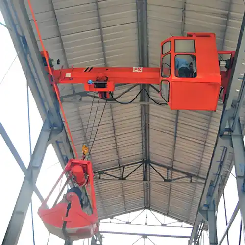Single girder overhead cranes with hook and below hook device, clamshell grab bucket, the economical grab bucket crane solution 