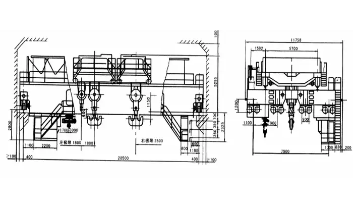 Crane drawing of double girder overhead crane wtih double trolley for heavy lifting 