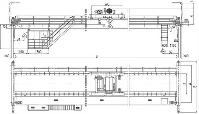 LH double girder overhead head electric hoist trolley cranes drawing