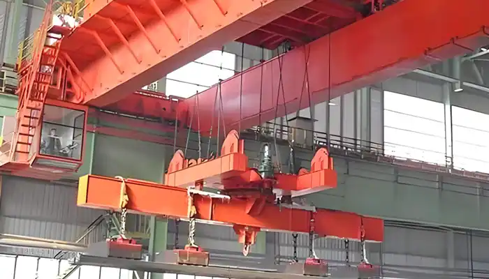 Magnetic overfhead cranes with customized electro- magnetic beam spreader, for long and heavy loads handling 