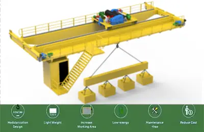 QL Series: Open winch bridge crane with Revolving electromagnet spreader for precise steel handling 10+10 – 200+200 tons